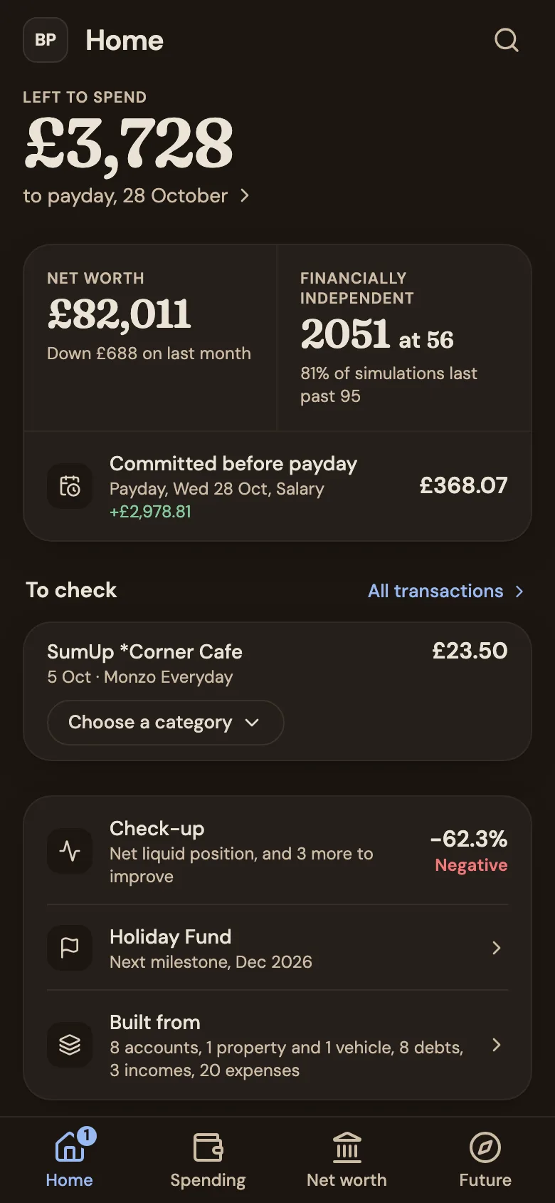 Doughsense Home on a phone. Left to spend £3,728, to payday on 28 October, leads. Under it, net worth £82,011 sits beside Financially independent 2051, at 56: 81% of simulations last past 95.