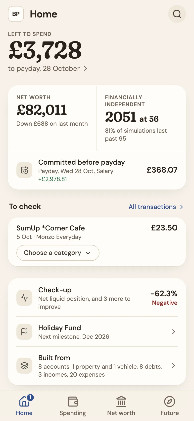 Doughsense Home on a phone. Left to spend £3,728, to payday on 28 October, leads. Under it, net worth £82,011 sits beside Financially independent 2051, at 56: 81% of simulations last past 95.